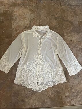 Sheer White Embroidered Button-Front Women’s Top